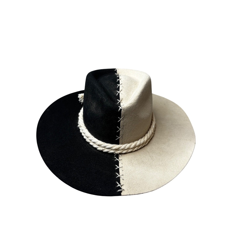 AB.LINO Black Cream Two Tone Split Fedora Hat Wide Brim Whipstitch Rope Band M